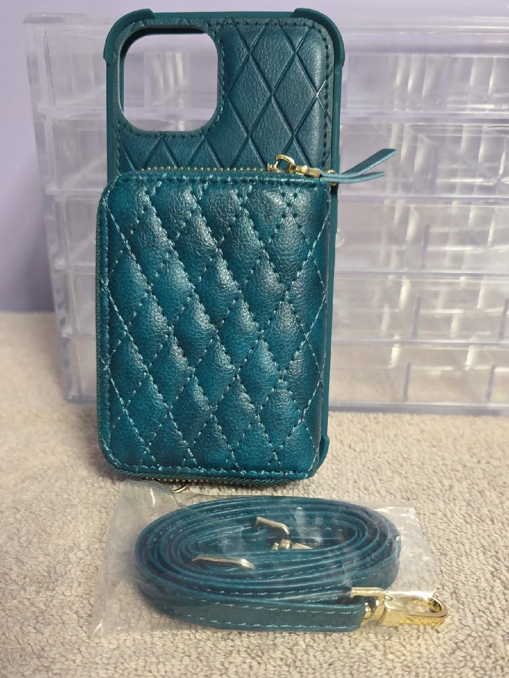 Teal Phone Case with Zippered Card/Money Holder & Detachable Crossbody Strap